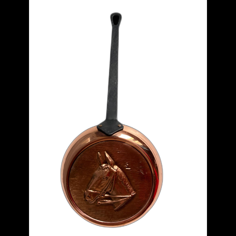 Vintage French SENECAL small pure copper pan with a horse equestrian rustic